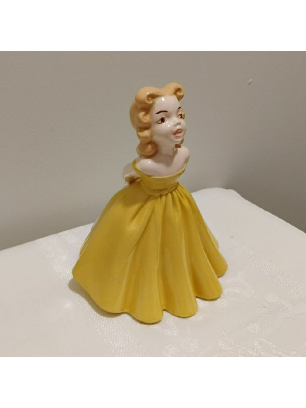 Vtg 1966 Ceramic Girl Figurine Yellow Ballgown Dress Sun Hat Hand Painted MCM